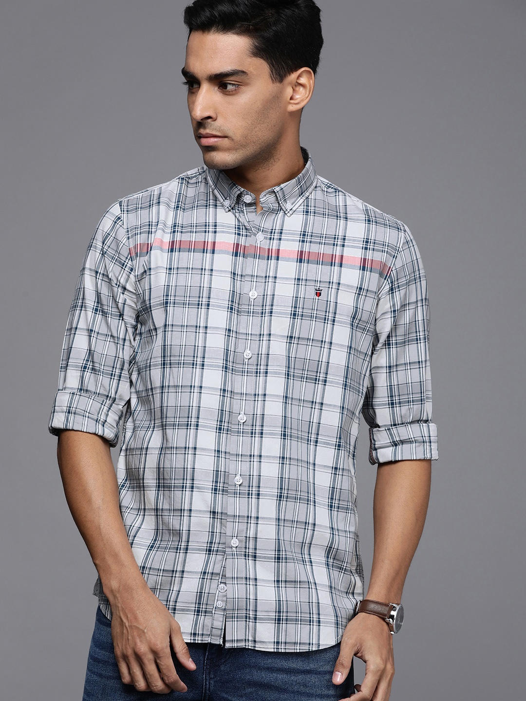 

Louis Philippe Jeans Men Grey & Navy Blue Super Slim Fit Checked Casual Shirt