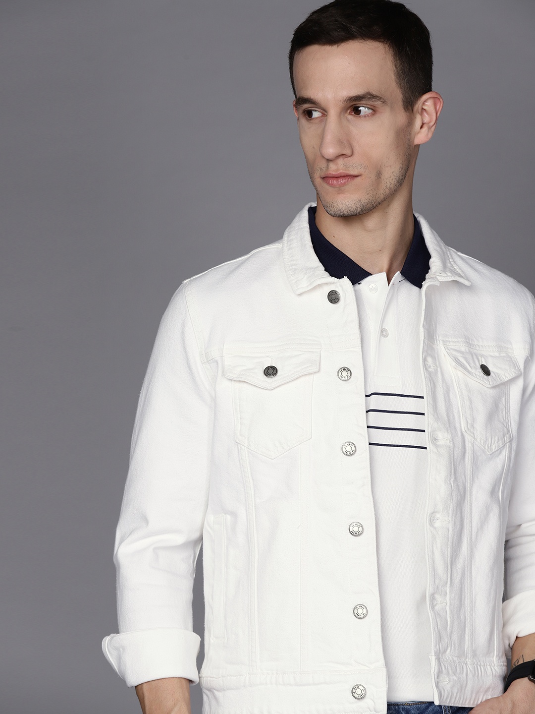 

Louis Philippe Jeans Men Solid Off White Denim Jacket