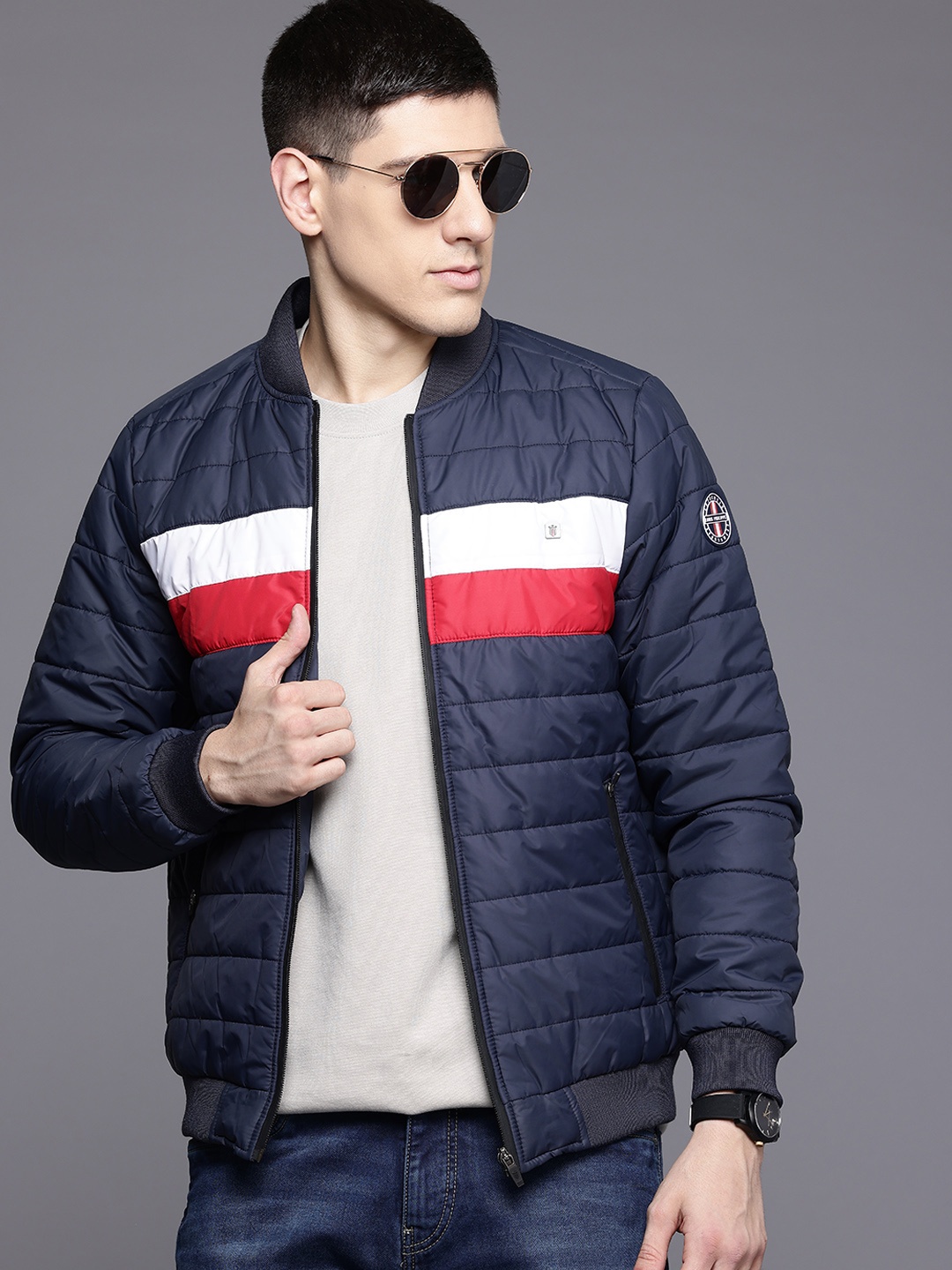 

Louis Philippe Sport Men Striped Bomber Jacket, Navy blue