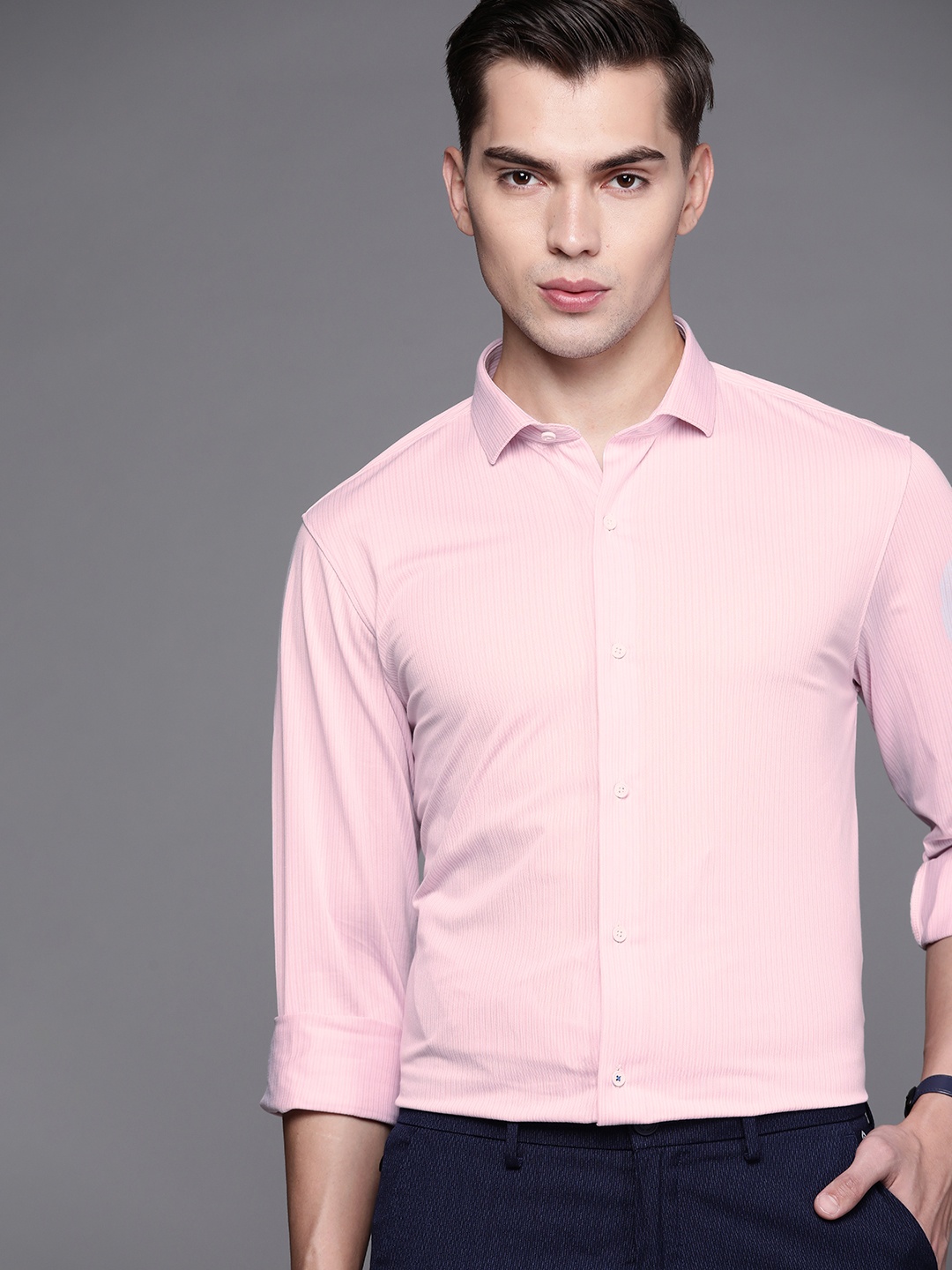 

Louis Philippe Sport Men Pink Super Slim Fit Opaque Striped Formal Shirt