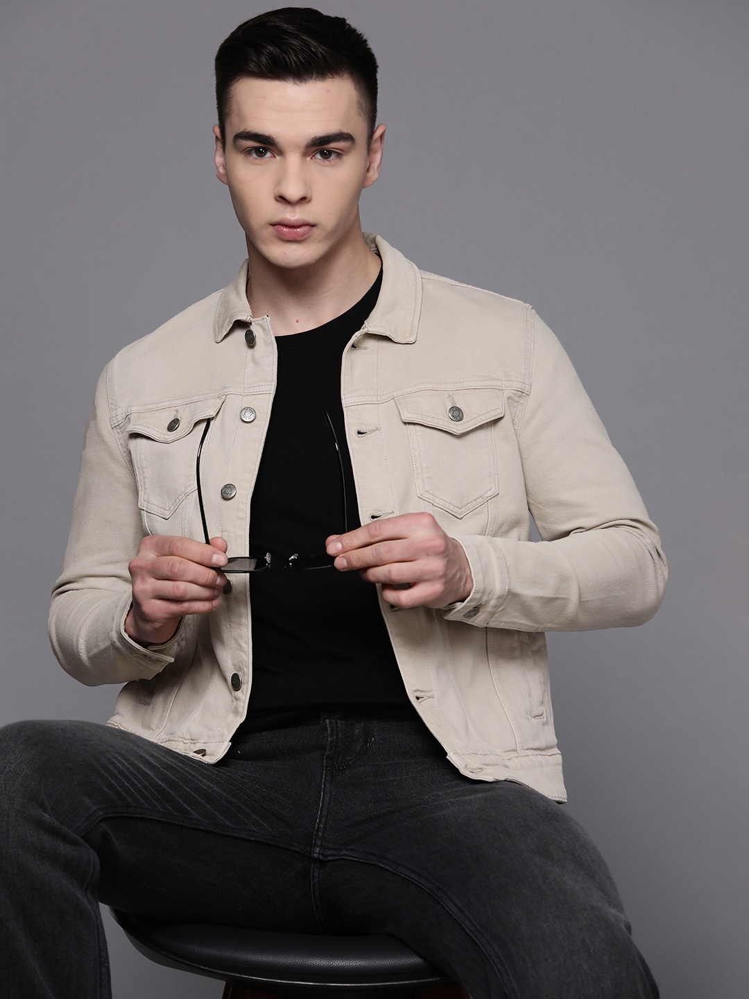 

Louis Philippe Jeans Panelled Denim Jacket With Flap Pockets, Beige