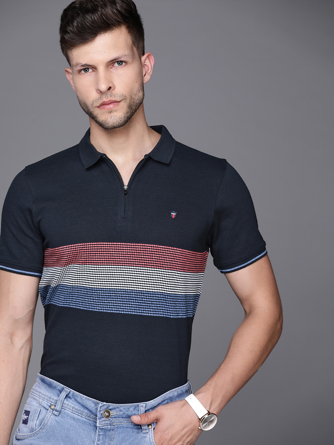 

Louis Philippe Sport Men Navy Blue Striped Polo Collar T-shirt