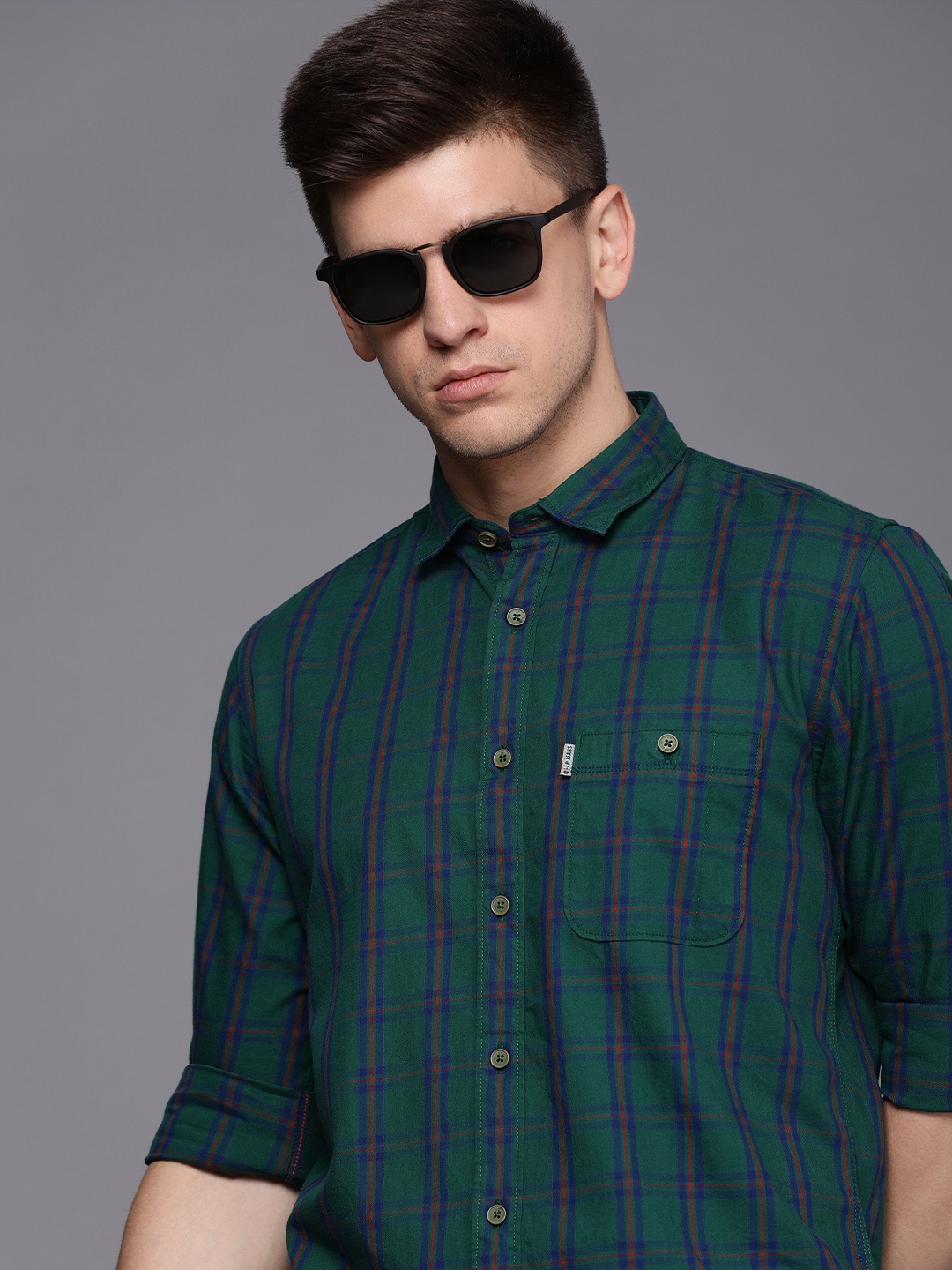 

Louis Philippe Jeans Men Green Slim Fit Checked Pure Cotton Casual Shirt
