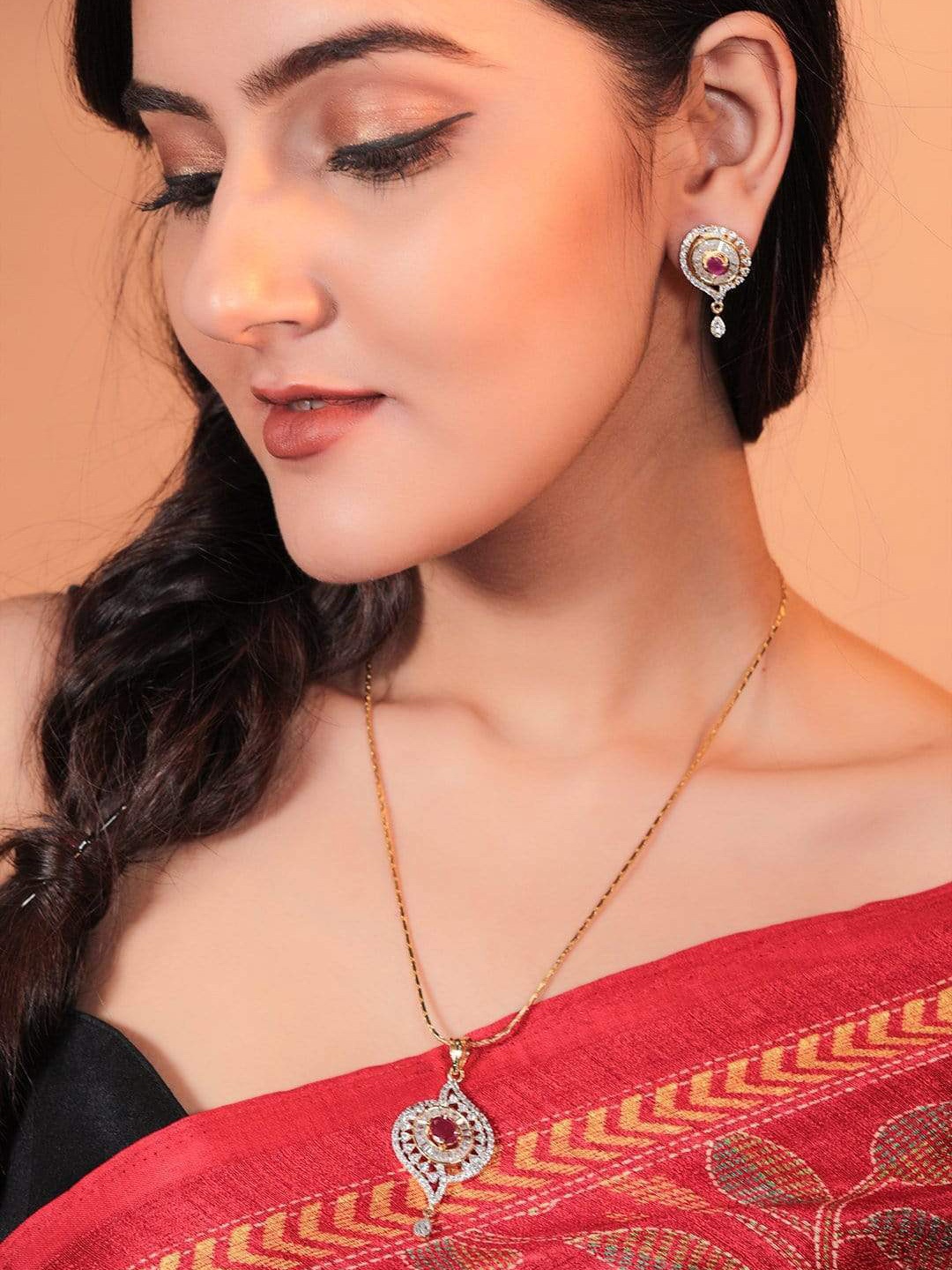 

Rubans Women Gold-Plated Pink & White CZ-Studded Handcrafted Zircon Stone Jewellery Set