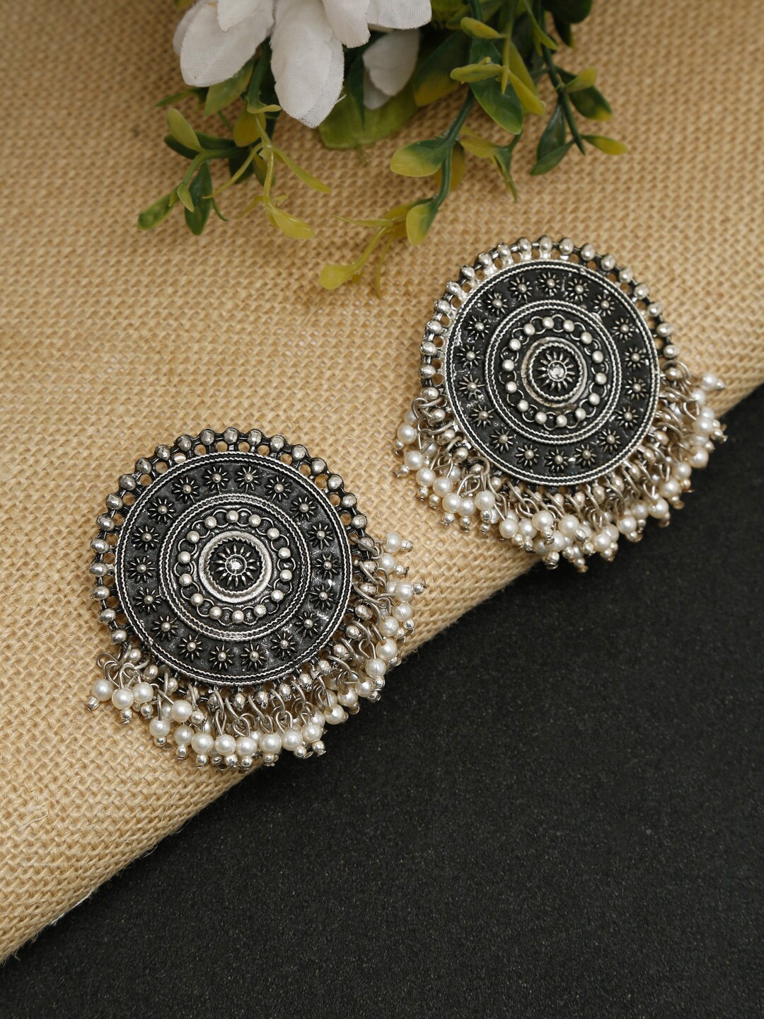 

NEUDIS Black & Silver-Toned Handcrafted Oxidised Circular Drop Earrings