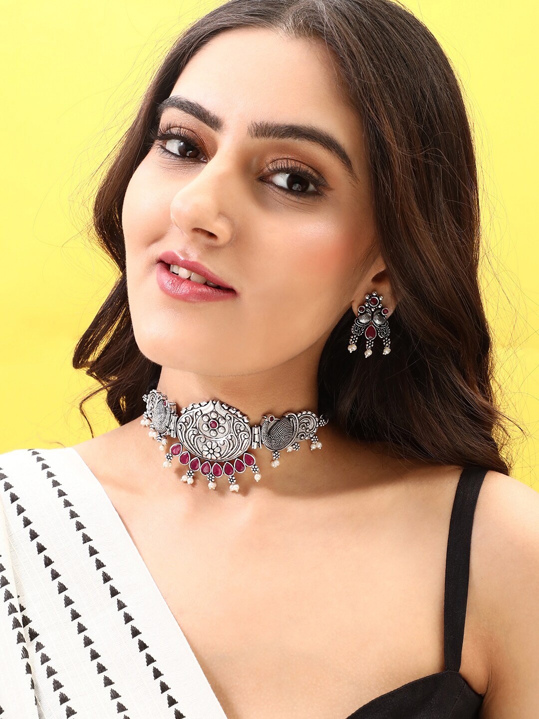 

Rubans Oxidised Silver-Plated Pink Stone-Studded & White Beaded Jewellery Set