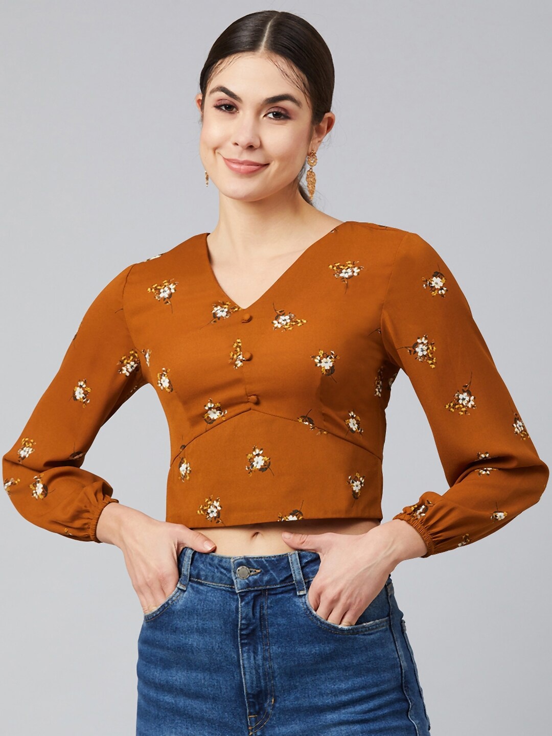 Marie Claire Women Brown & White Floral Georgette Fitted Crop Top
