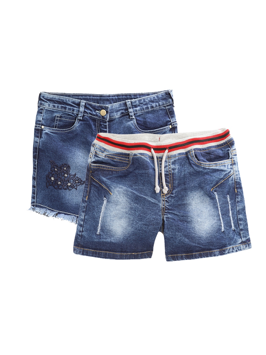 

YK Girls Blue Washed Set of 2 Mid-Rise Denim Shorts