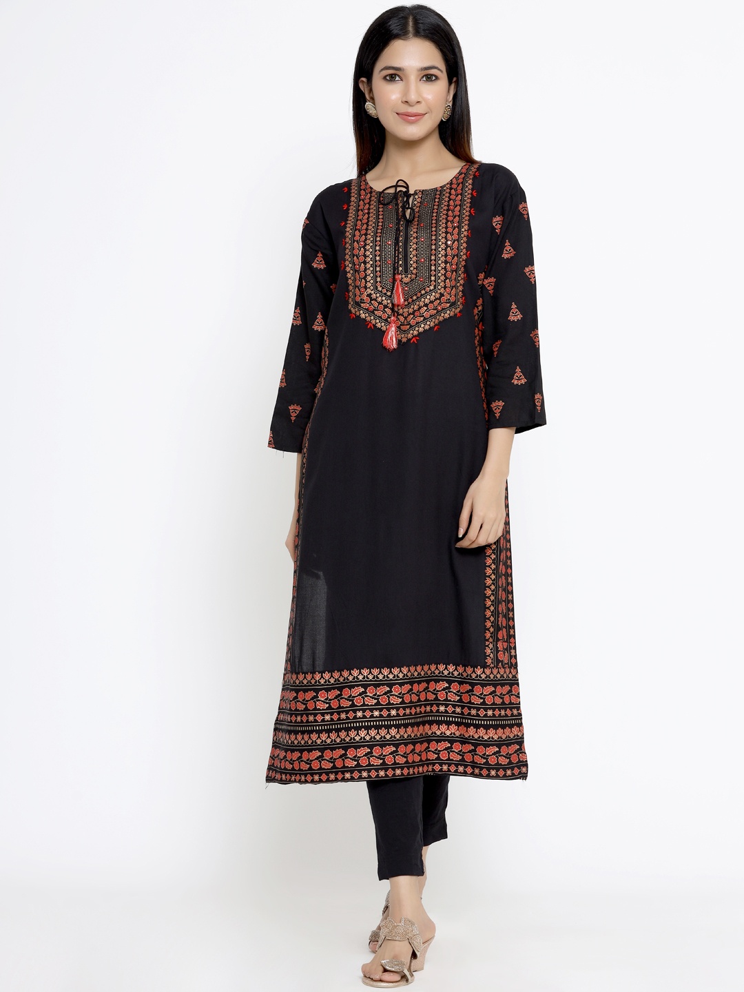 

DIVYANK Women Black & Red Ethnic Motifs Embroidered Mirror Work Kurta
