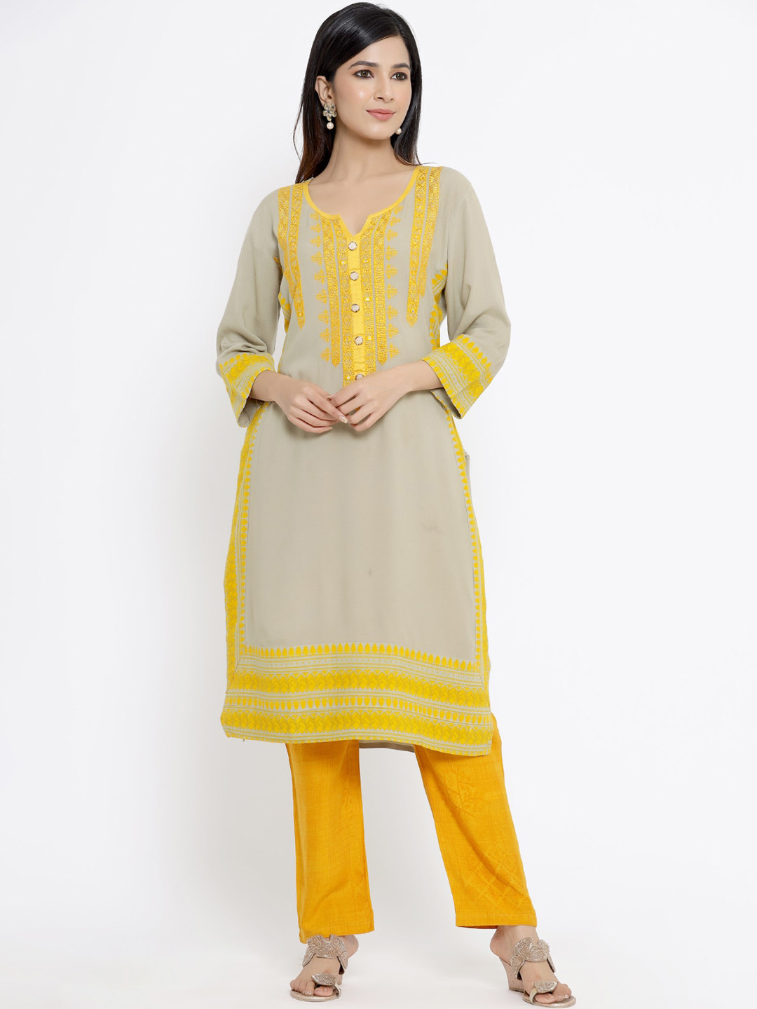 

DIVYANK Women Yellow & Grey Embroidered Flared Sleeves Kurta