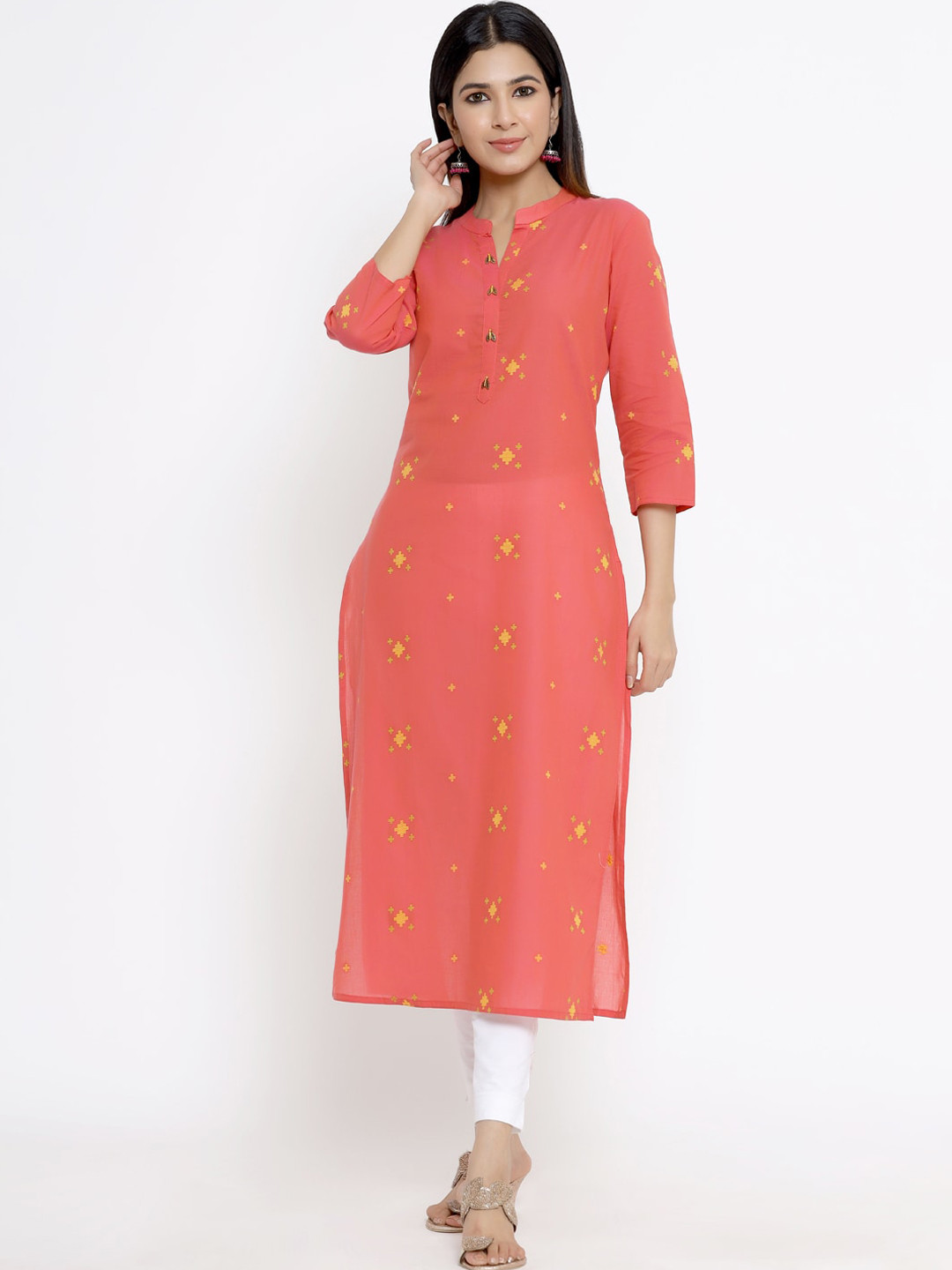 

DIVYANK Women Peach-Coloured Geometric Woven Design Pure Handloom Cotton Kurta