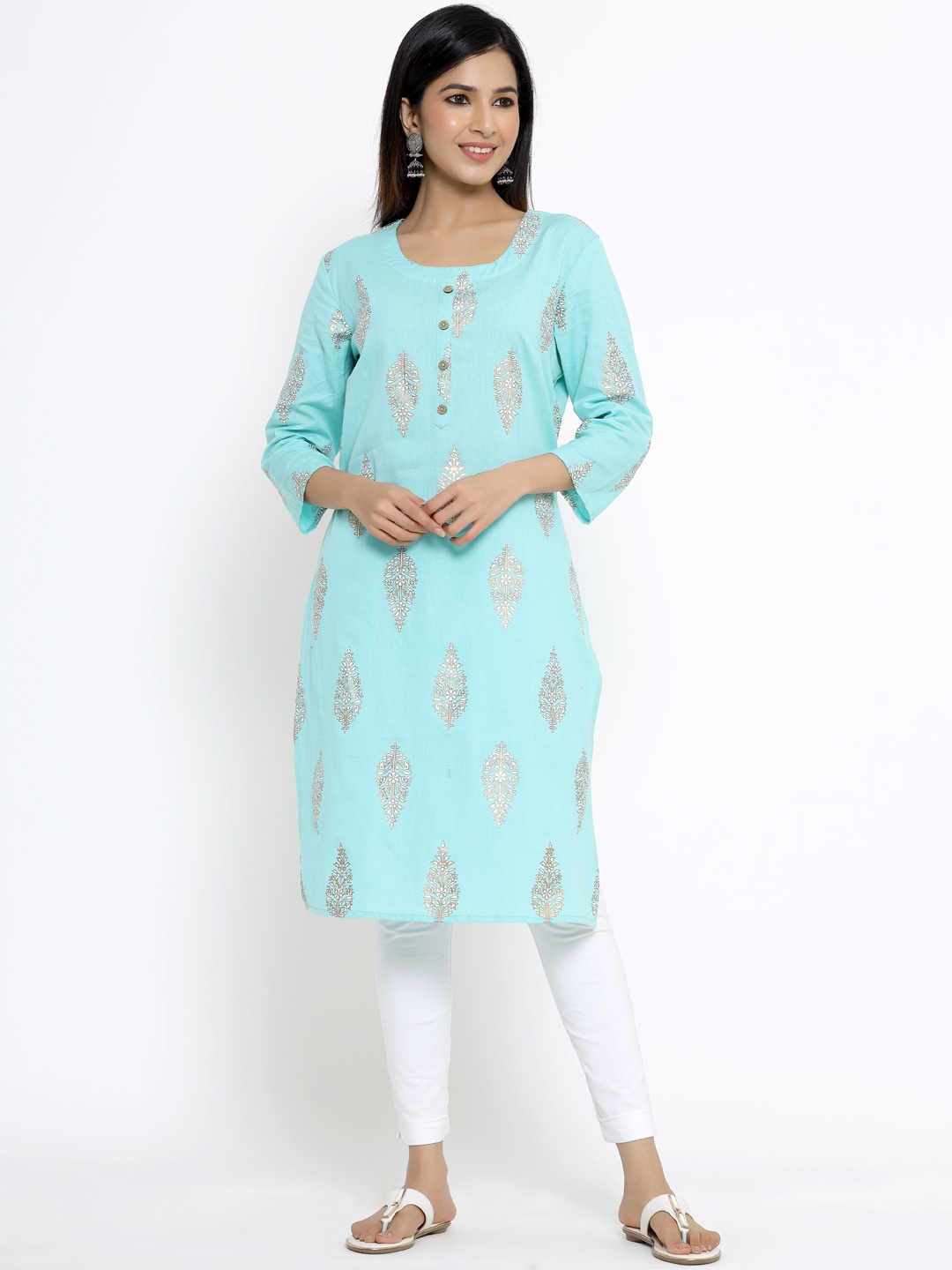 

DIVYANK Women Sea Green & Gold-Toned Ethnic Motifs Printed Kurta