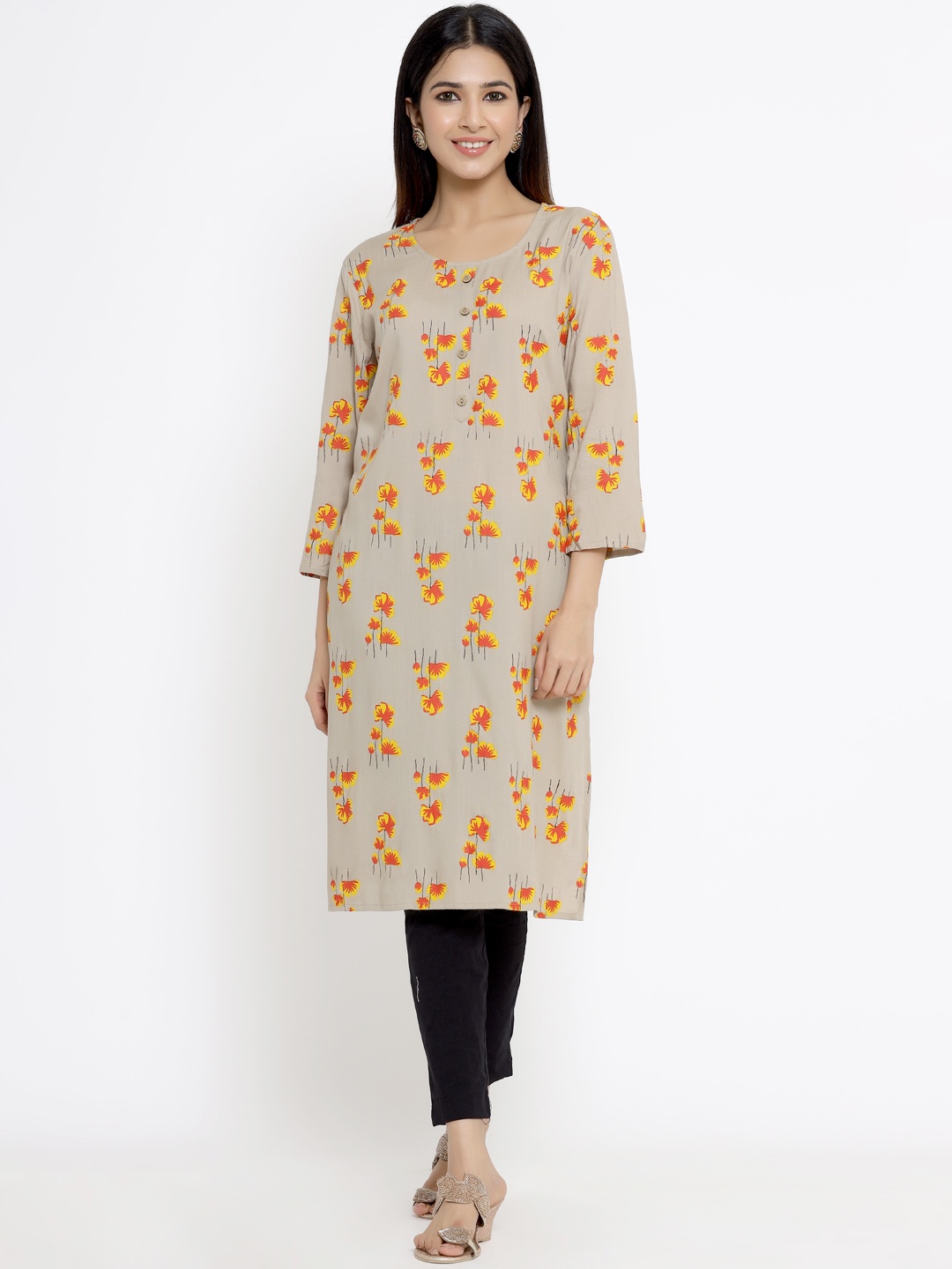 

DIVYANK Women Grey & Orange Floral Printed Kurta