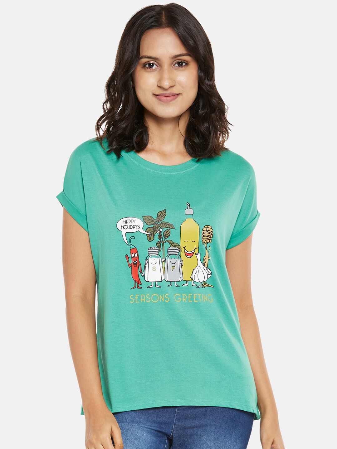 

People Women Green Yellow Printed Pure Cotton T-shirt