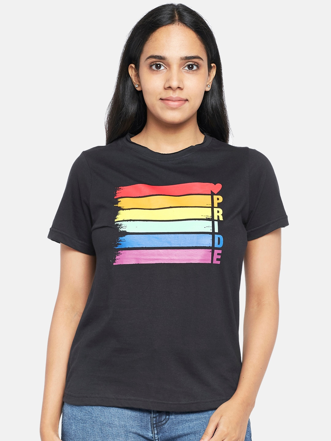

People Women Black Yellow Printed Pure Cotton T-shirt