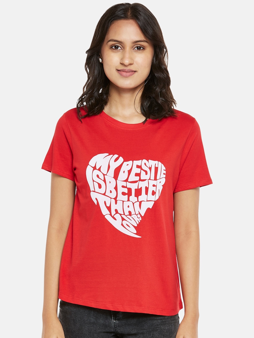 

People Women Red Typography Printed Applique T-shirt