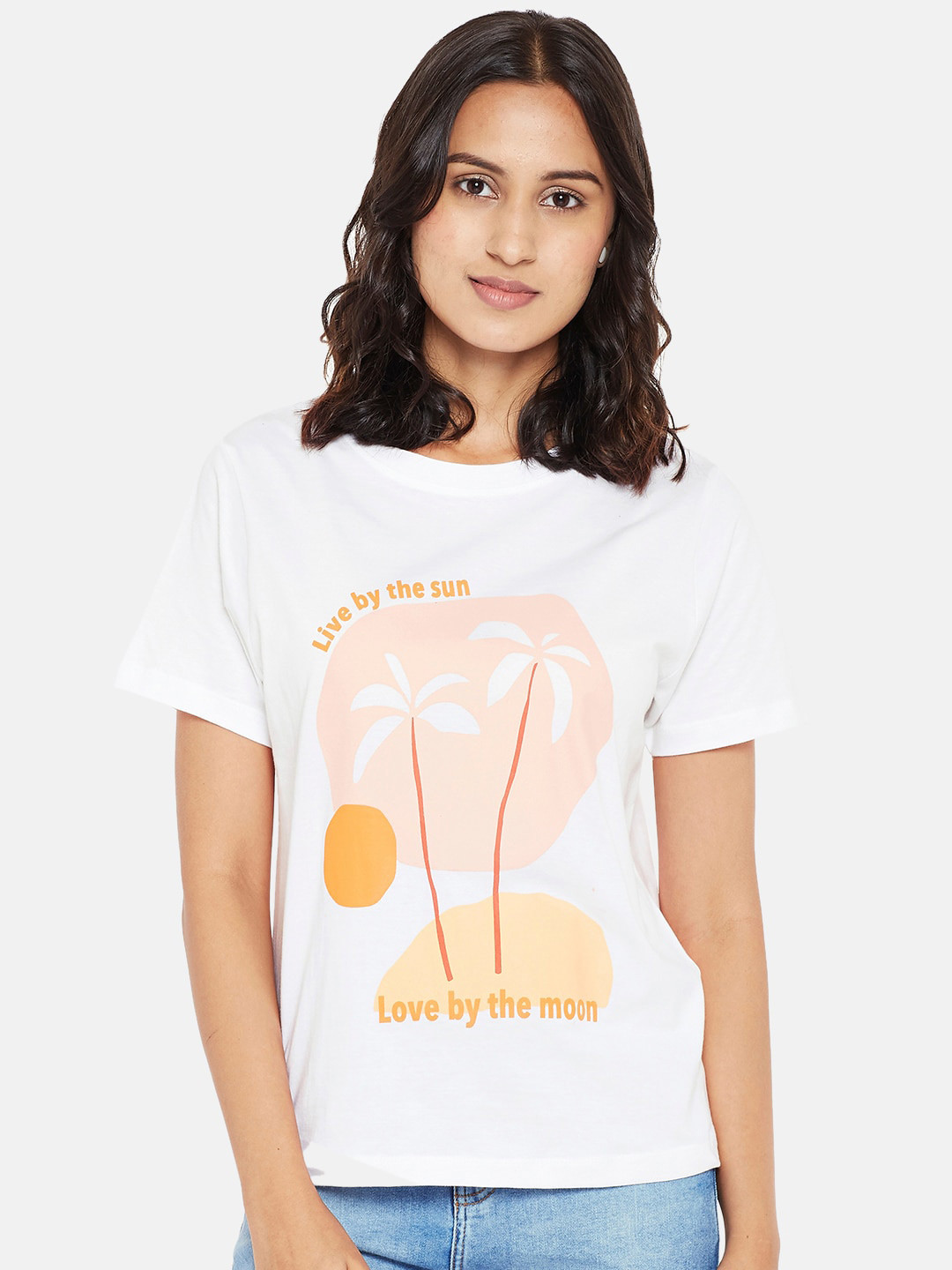 

People Women White Mustard Yellow Printed Tropical Pure Cotton T-shirt