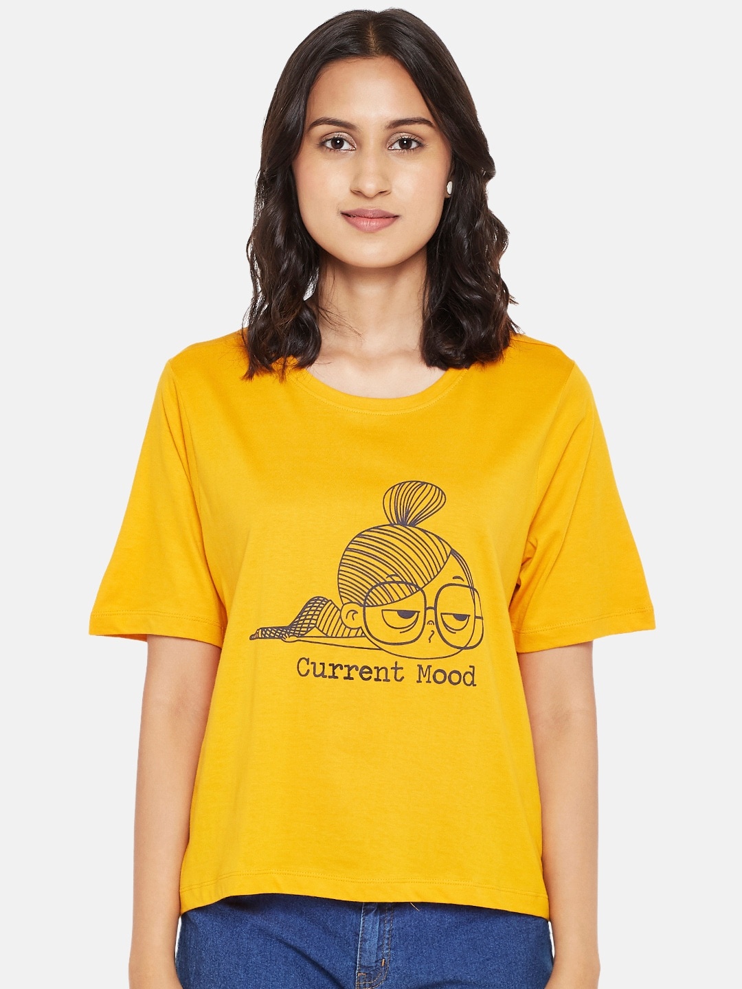 

People Women Mustard Yellow Biker Printed T-shirt