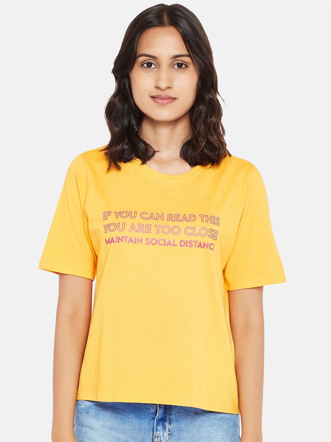 

People Women Yellow & Pink Typography Printed T-shirt
