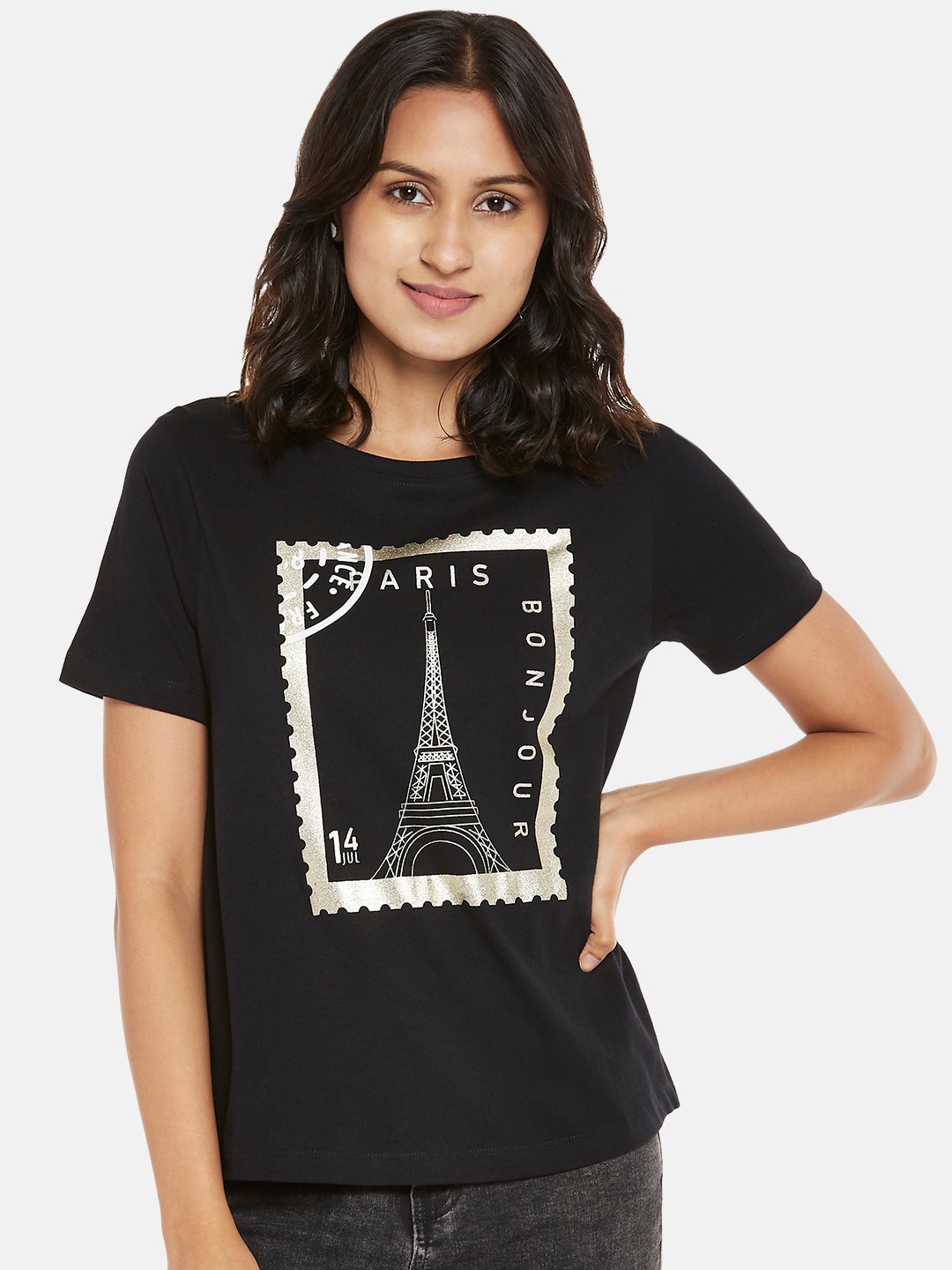 

People Women Black Gold-Toned Printed Pure Cotton T-shirt