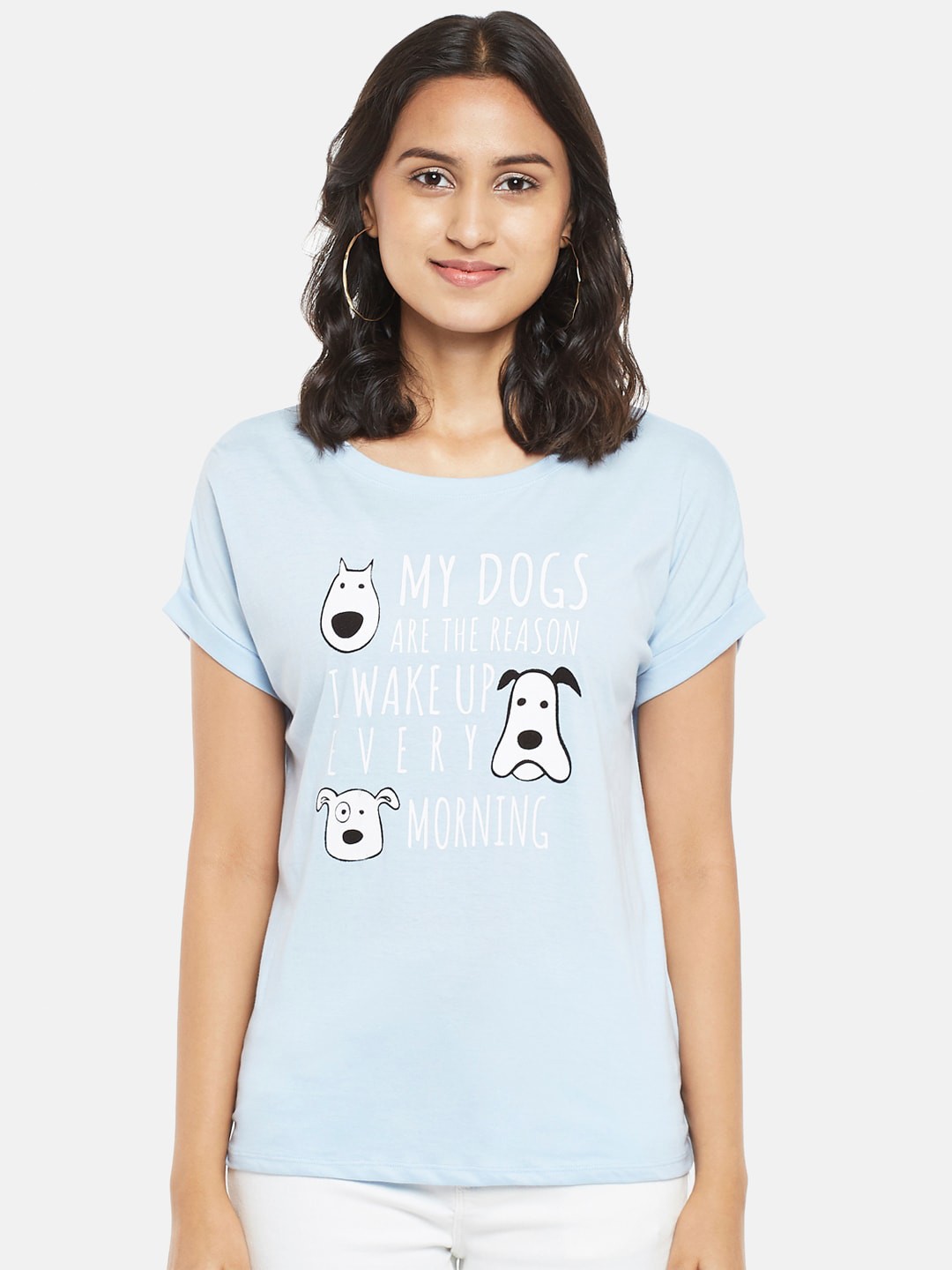

People Women Blue White Typography Printed Pure Cotton T-shirt