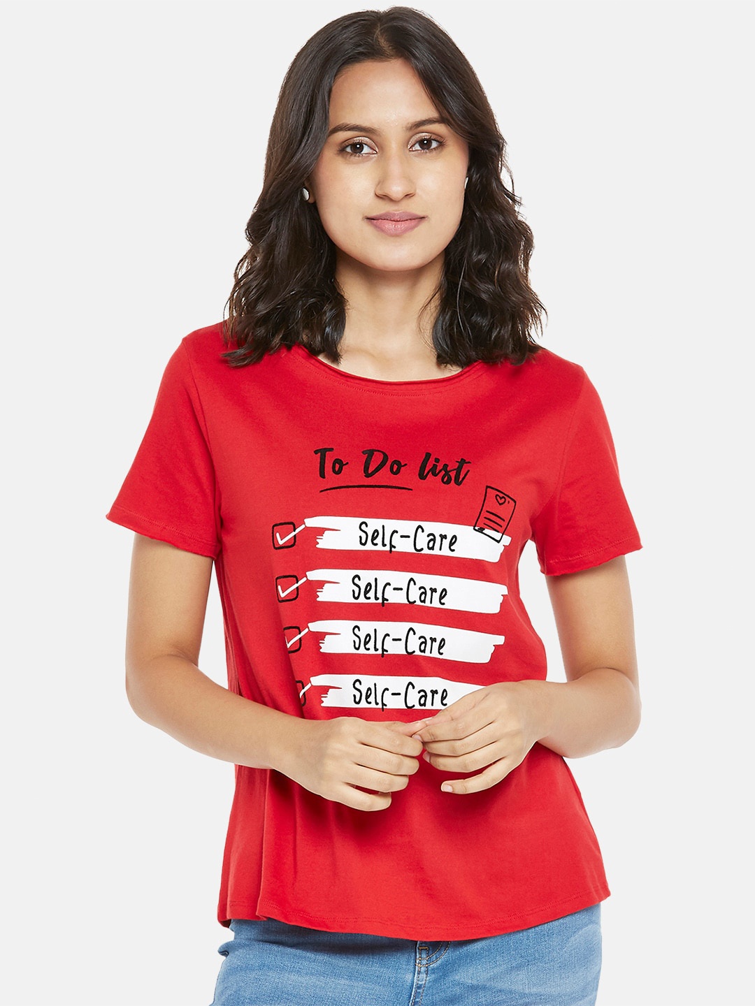 

People Women Red White Typography Printed Pure Cotton T-shirt