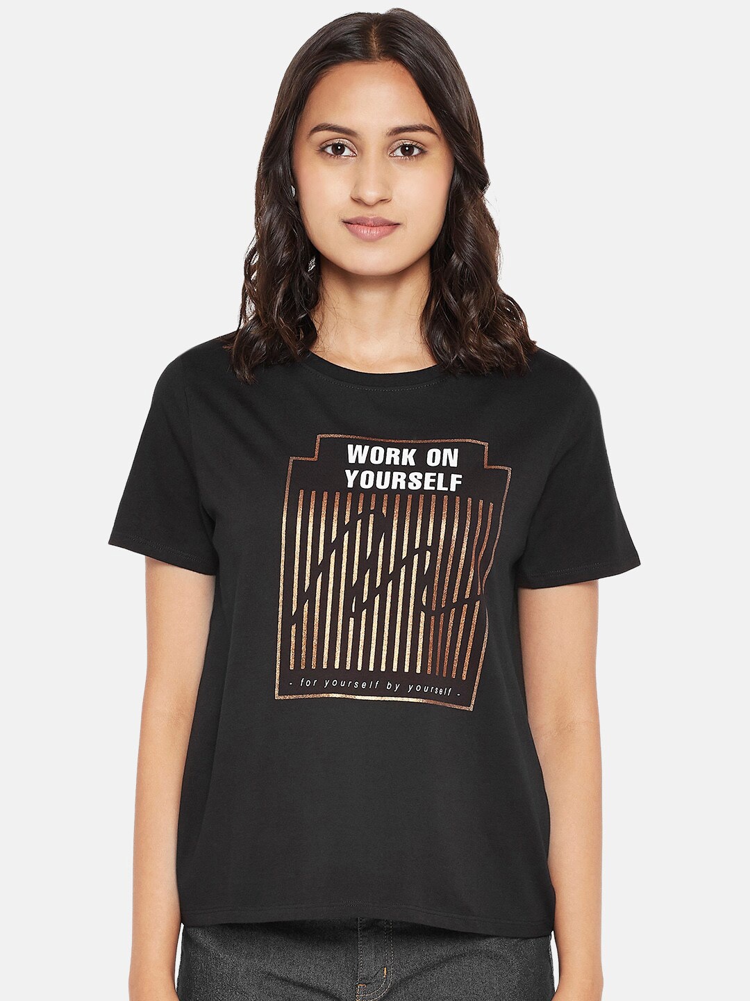 

People Women Black Typography Printed T-shirt