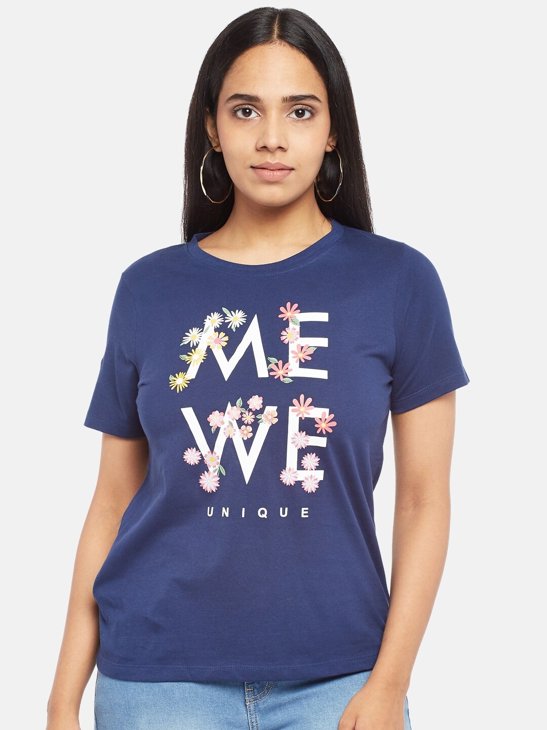 

People Women Navy Blue & White Typography Printed T-shirt