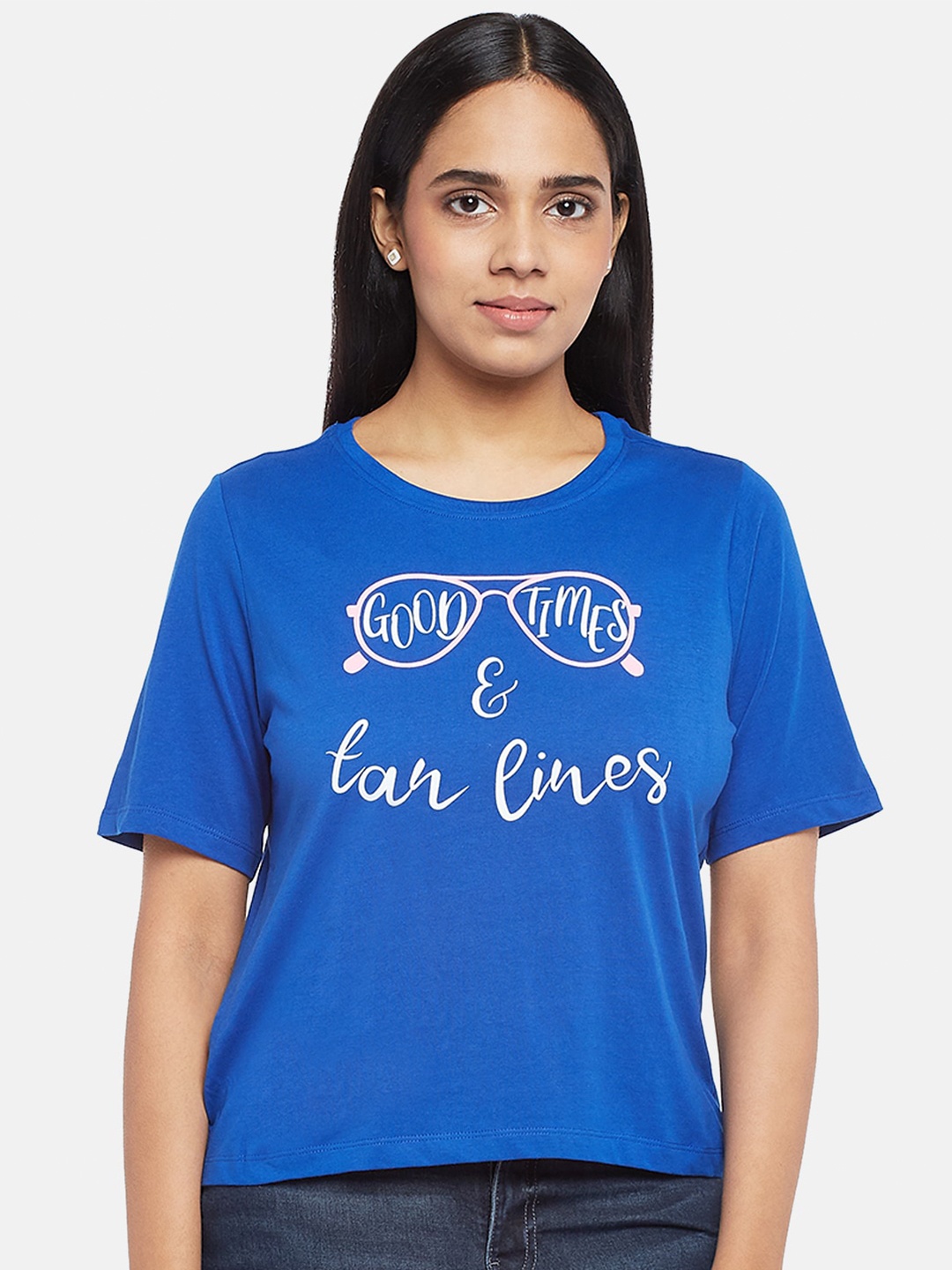 

People Women Blue White Typography Printed Pure Cotton T-shirt