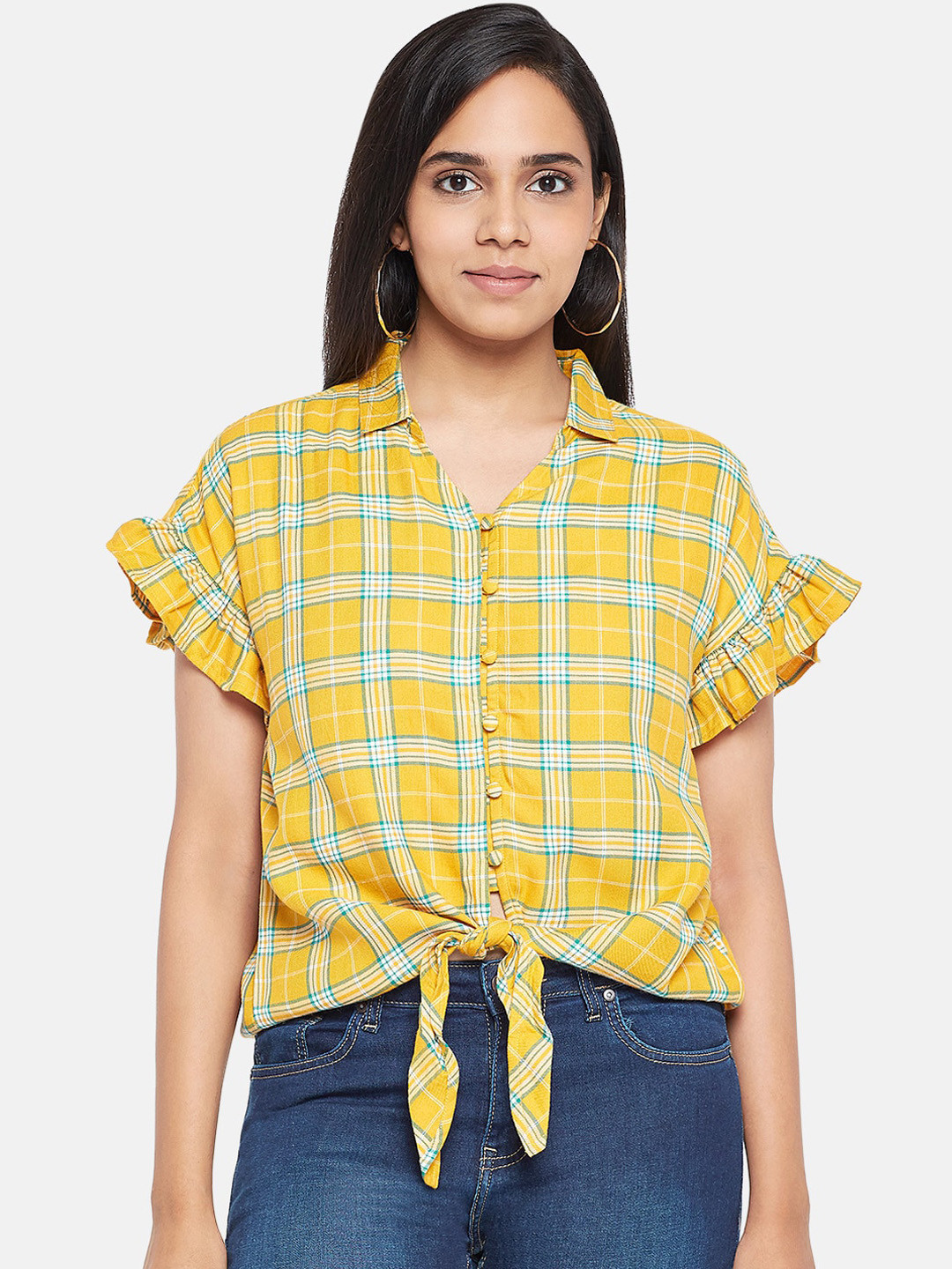 

People Women Yellow & White Tartan Checked Casual Shirt