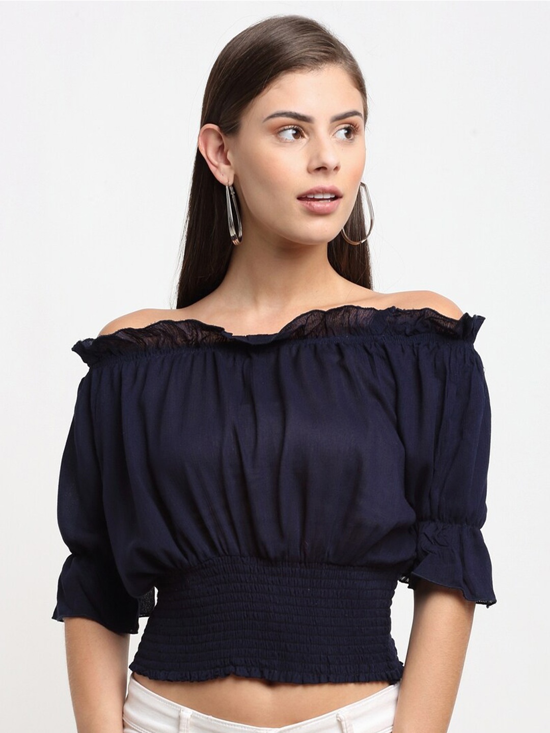 

emeros Women Navy Blue Off-Shoulder Puff Sleeve Crepe Bardot Crop Top