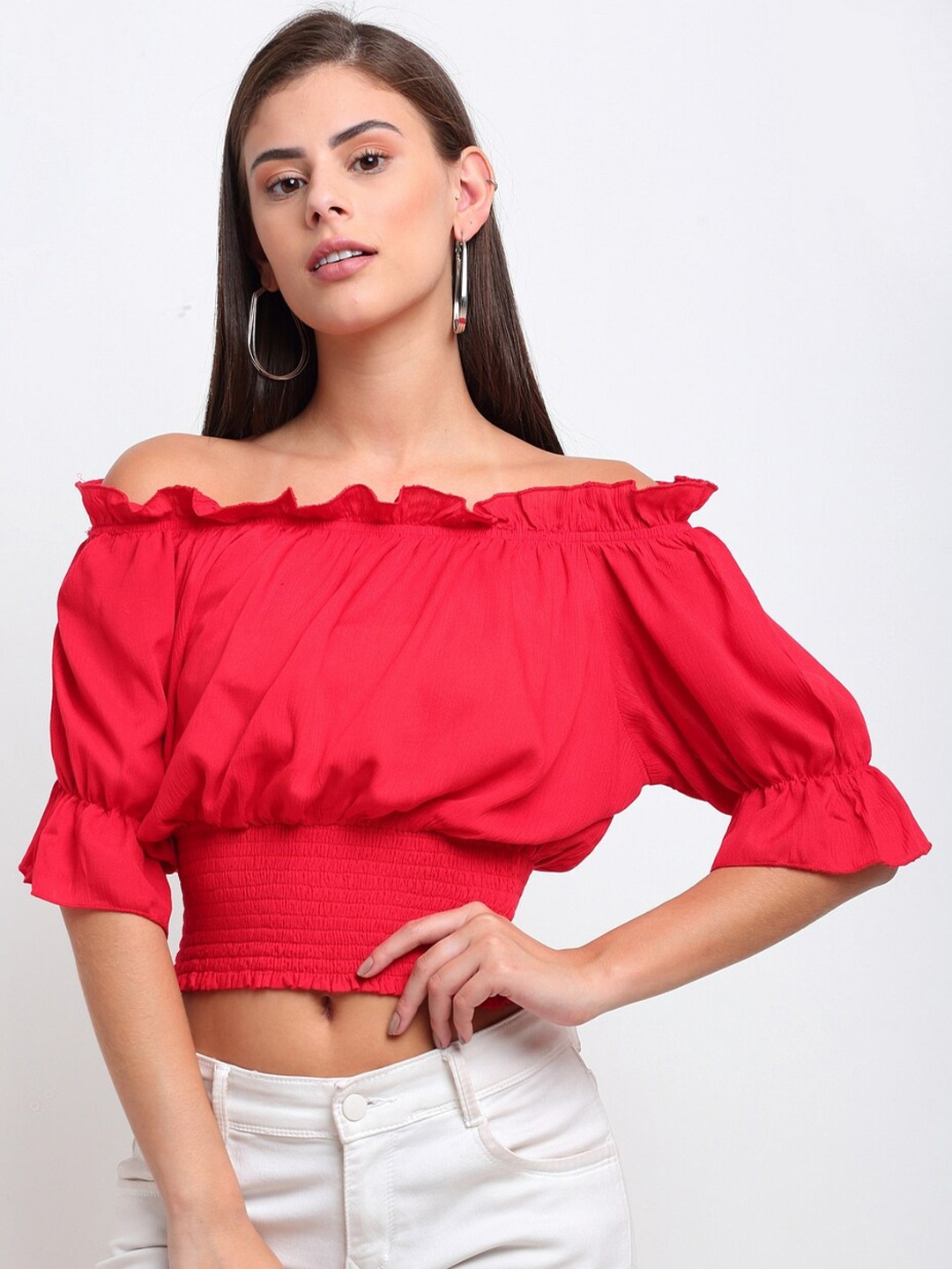 

emeros Red Puff Sleeve Crepe Bardot Top