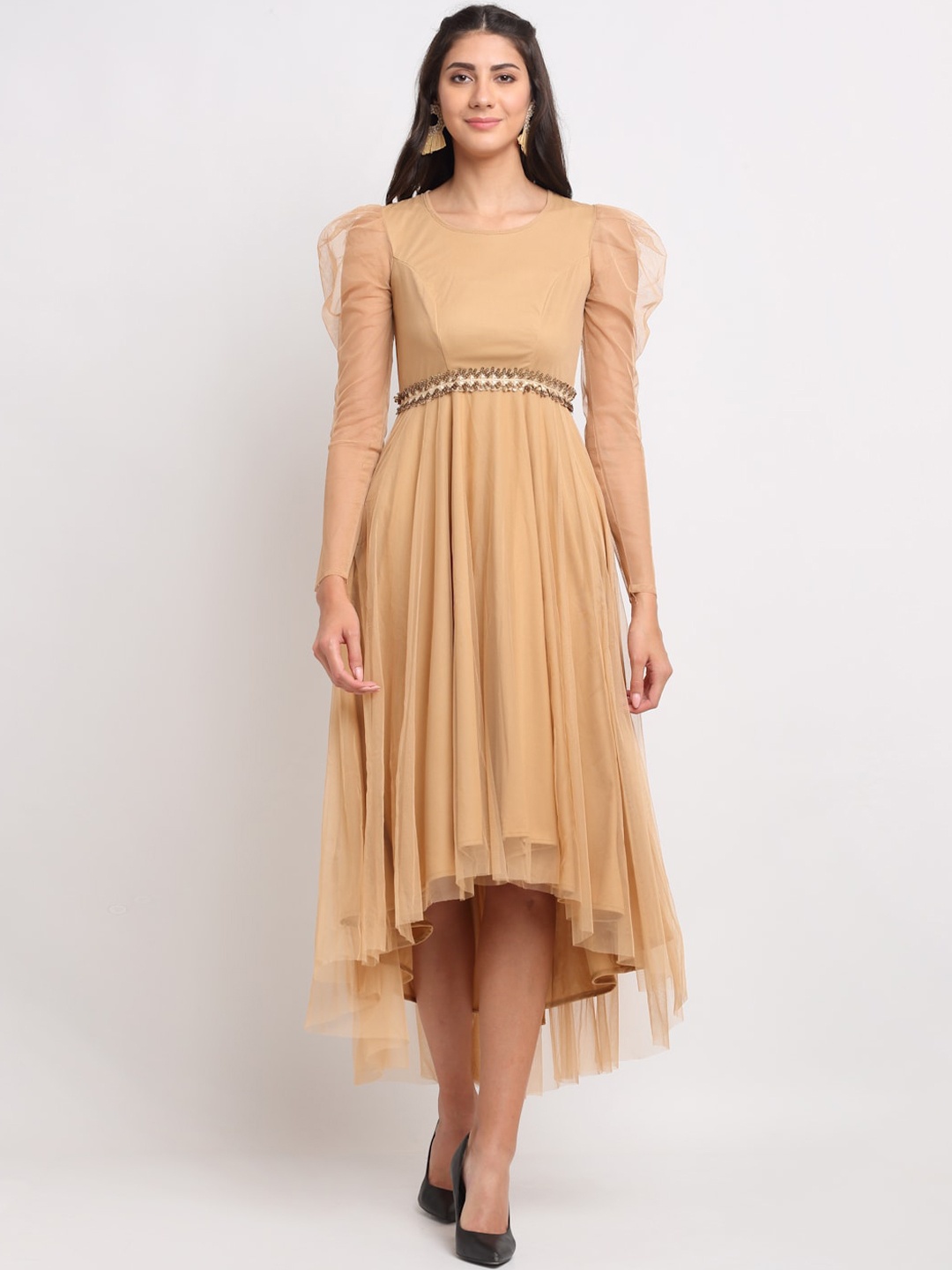 

Just Wow Women Beige Net High-Low Midi Fit and Flare Dress