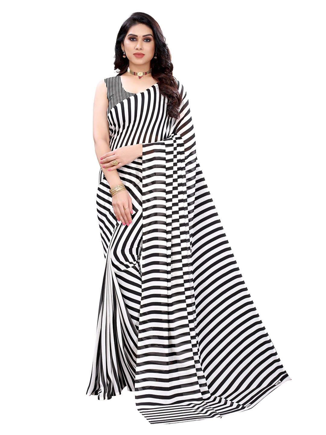 

KALINI Black & White Leheriya Pure Georgette Saree