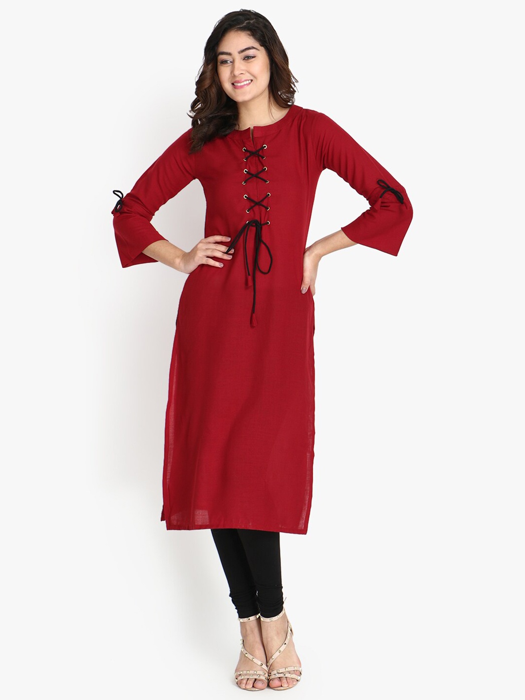 

OM SAI LATEST CREATION Maroon & Black Pure Cotton Kurti with Dori Pattern