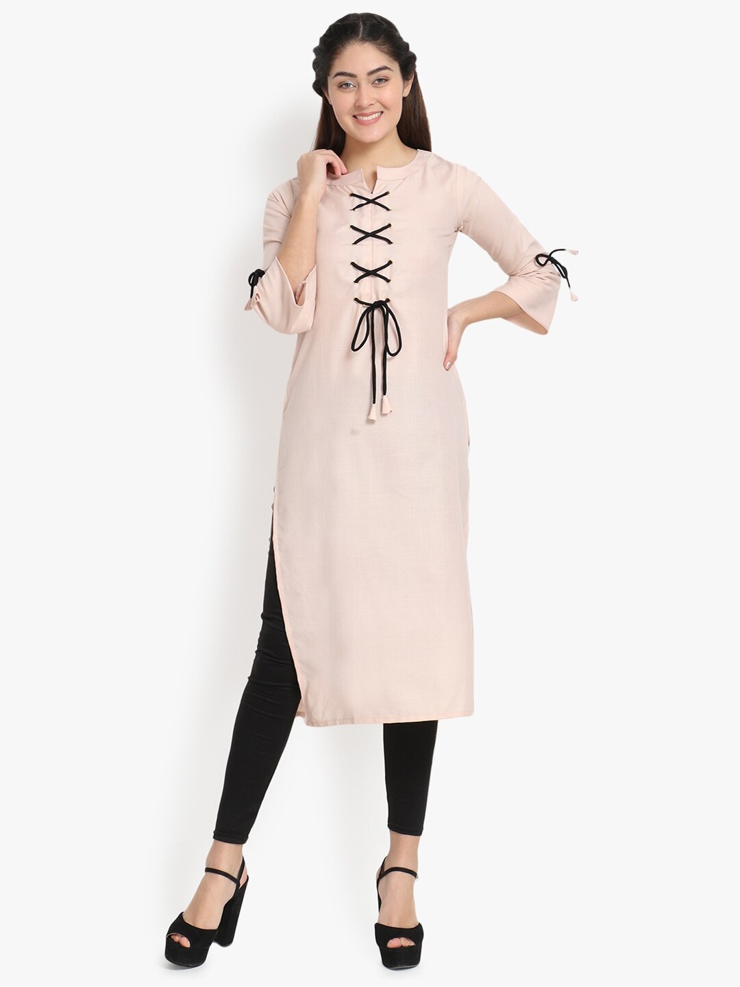

OM SAI LATEST CREATION Women Peach Solid Straight Kurta With Lace-Up Detail