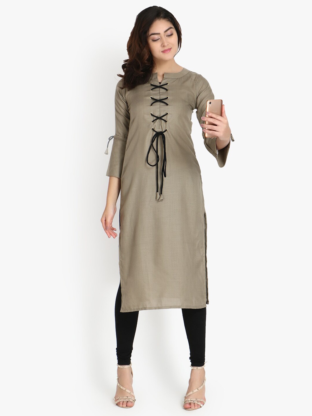 

OM SAI LATEST CREATION Women Green Yoke Design Flared Sleeves Straight Kurta