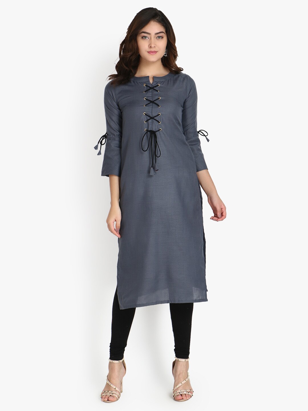 

OM SAI LATEST CREATION Grey & Black Flared Sleeves Pure Cotton Kurti with Dori Pattern