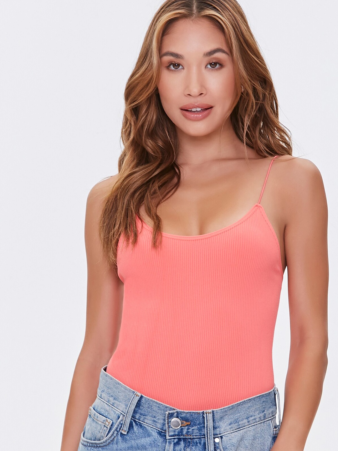 

FOREVER 21 Women Peach-Coloured Solid Ribbed Seamless Bodysuit