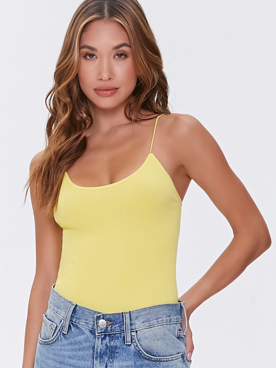 

FOREVER 21 Women Yellow Solid Seamless Ribbed Bodysuit