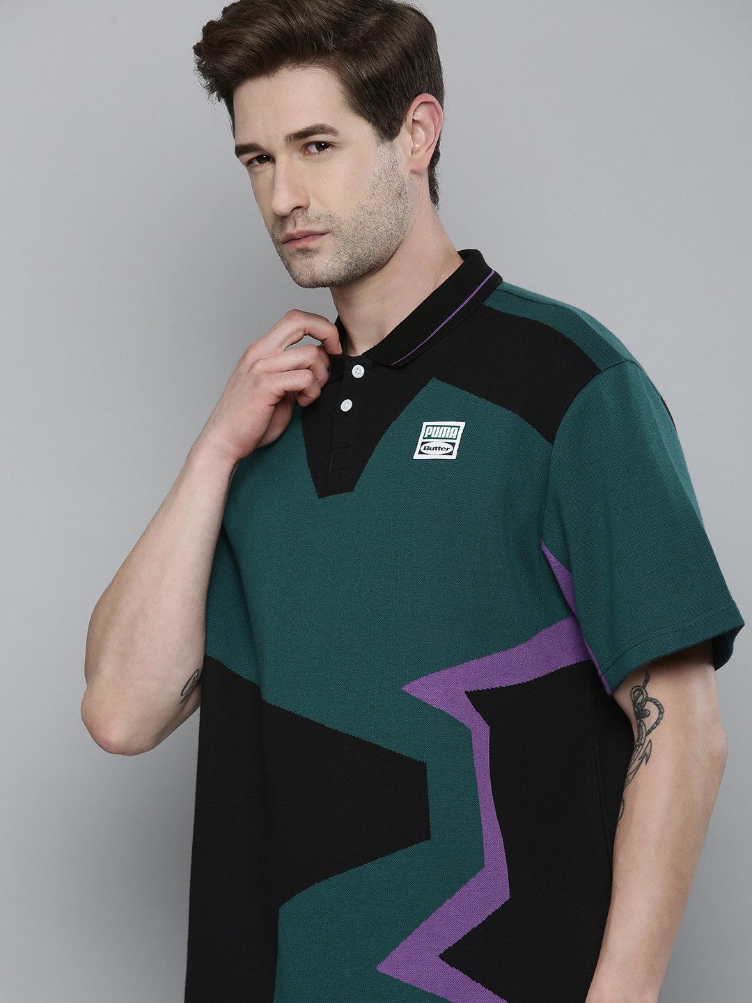 

Puma x Butter Goods Men Teal Green & Black Colourblocked Polo Collar T-shirt