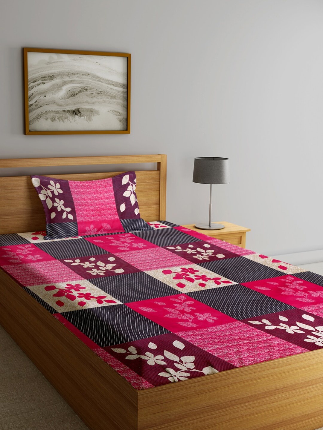 

Fashion String Pink & Black Floral 144 TC Single Bedsheet with 1 Pillow Covers