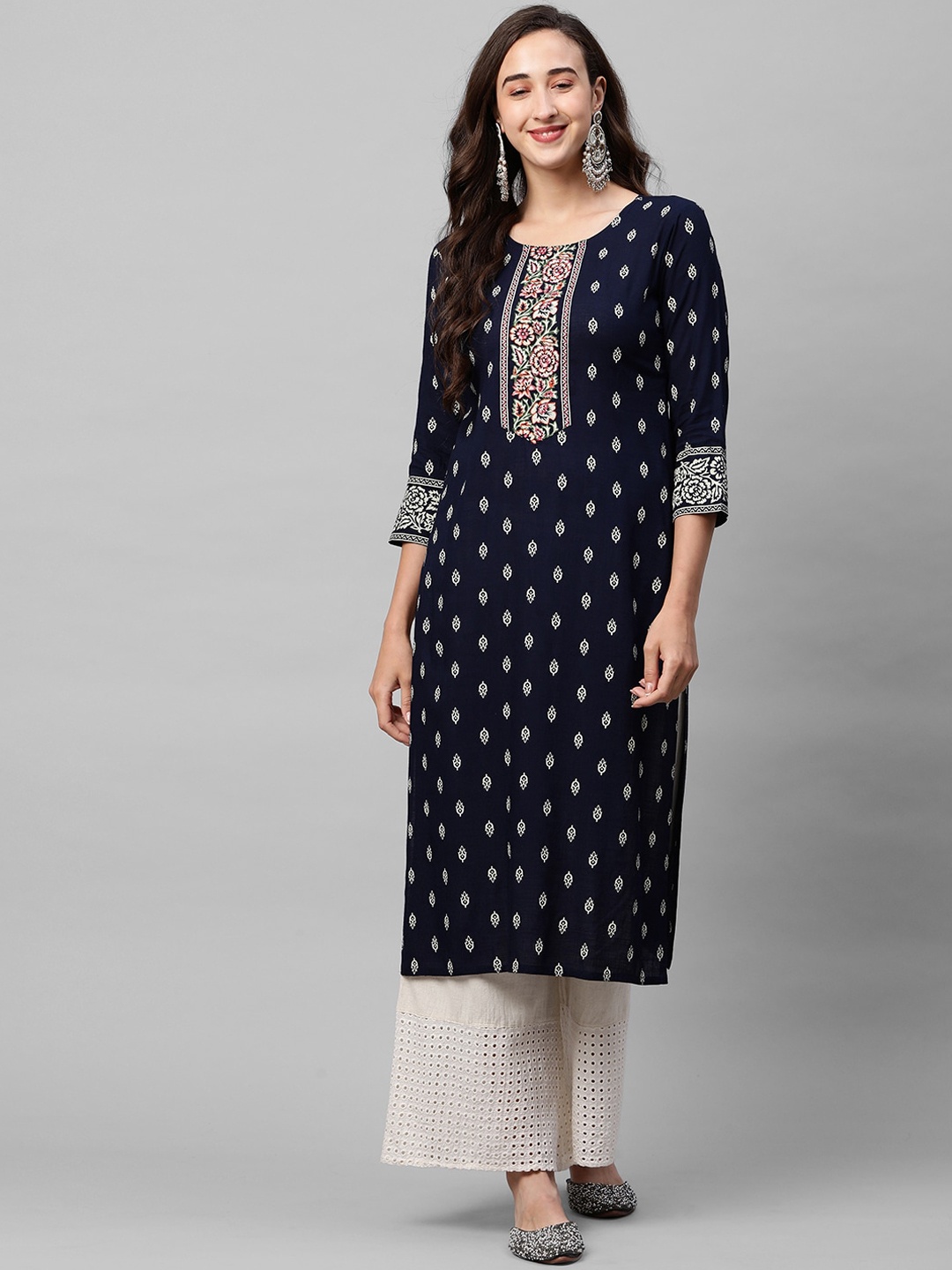 

FASHOR Women Navy Blue Floral Printed & Embroidered Straight Kurta