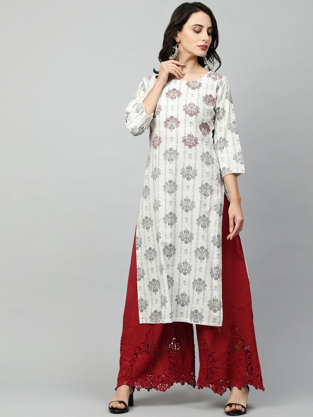 

FASHOR Women Off White Ethnic Motifs Printed & Kantha Hand Embroidered Straight Kurta