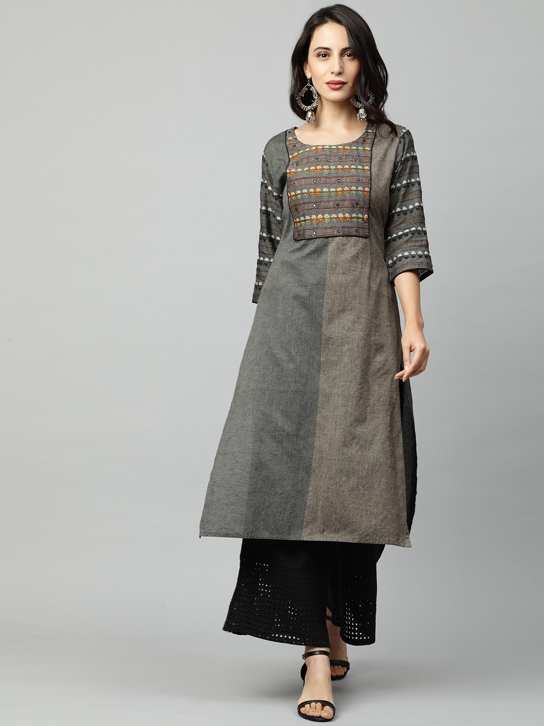 

FASHOR Women Grey & Grey Melange Ethnic Motifs Yoke Design Double Toned Mirror Work Kurta