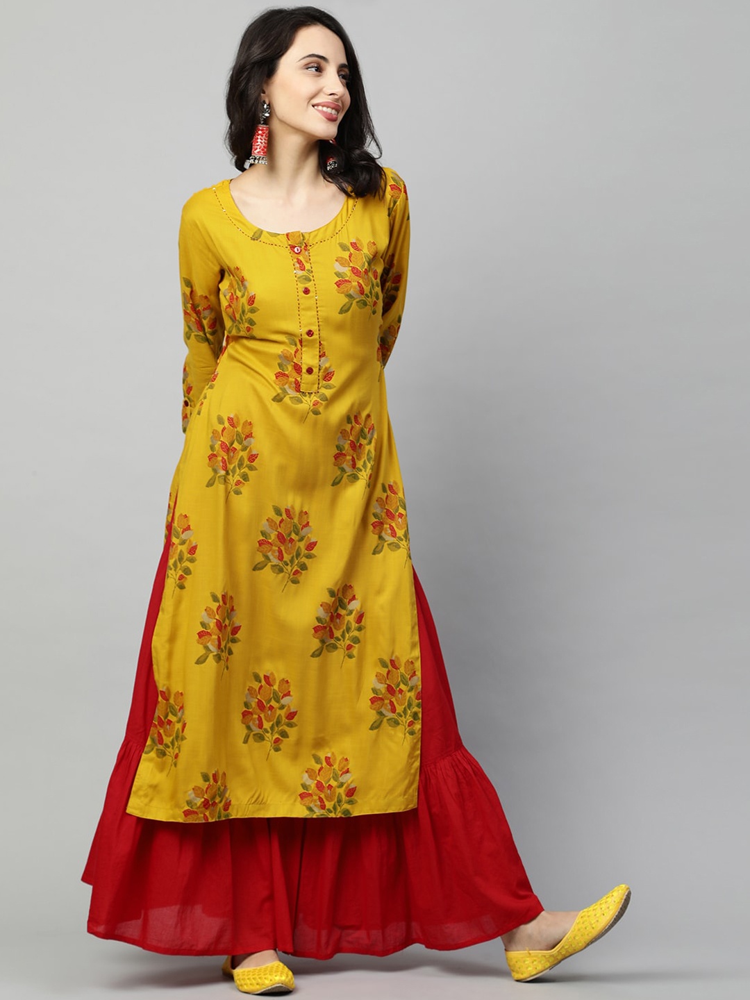 

FASHOR Women Mustard Yellow & Red Floral Printed Floral Kurta