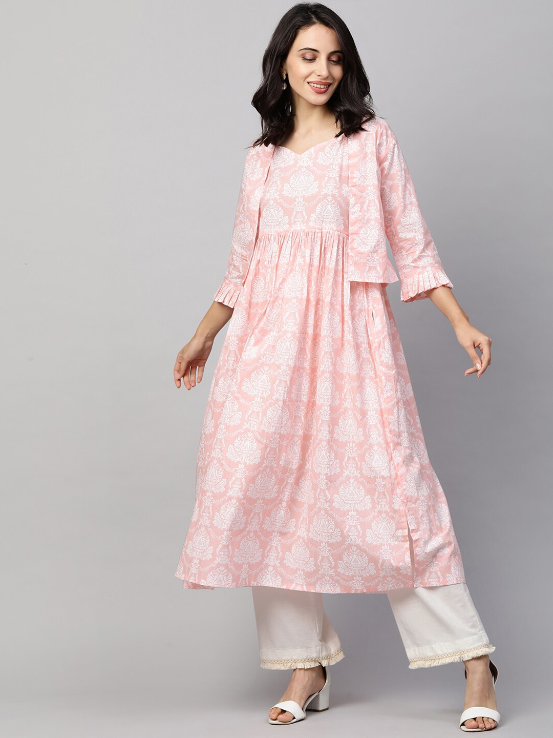 

FASHOR Women Peach-Coloured Floral Sleeves Kurta with Floral Printed Jacket