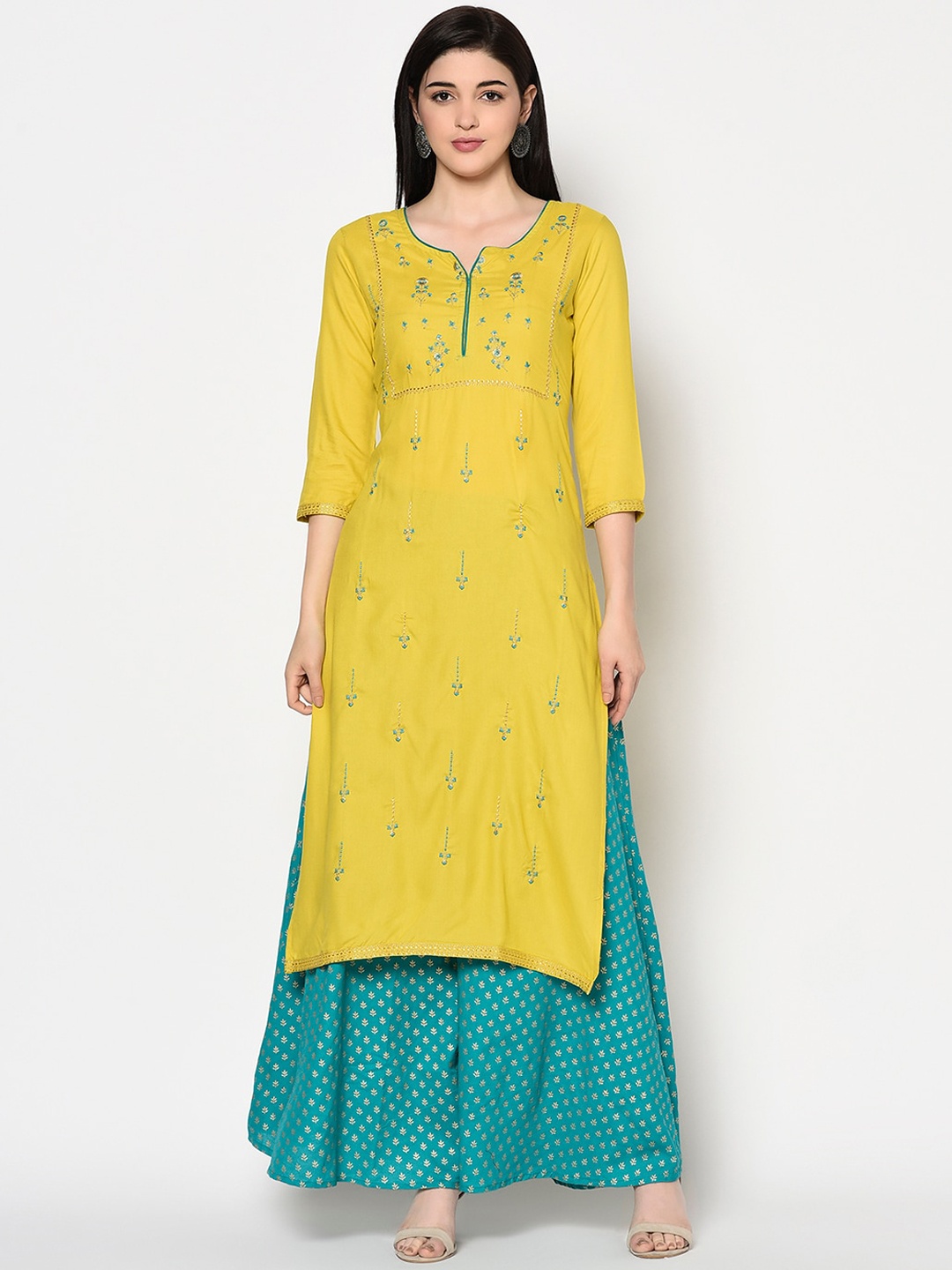 

GULMOHAR JAIPUR Women Yellow Ethnic Motifs Embroidered Thread Work Kurta with Palazzos