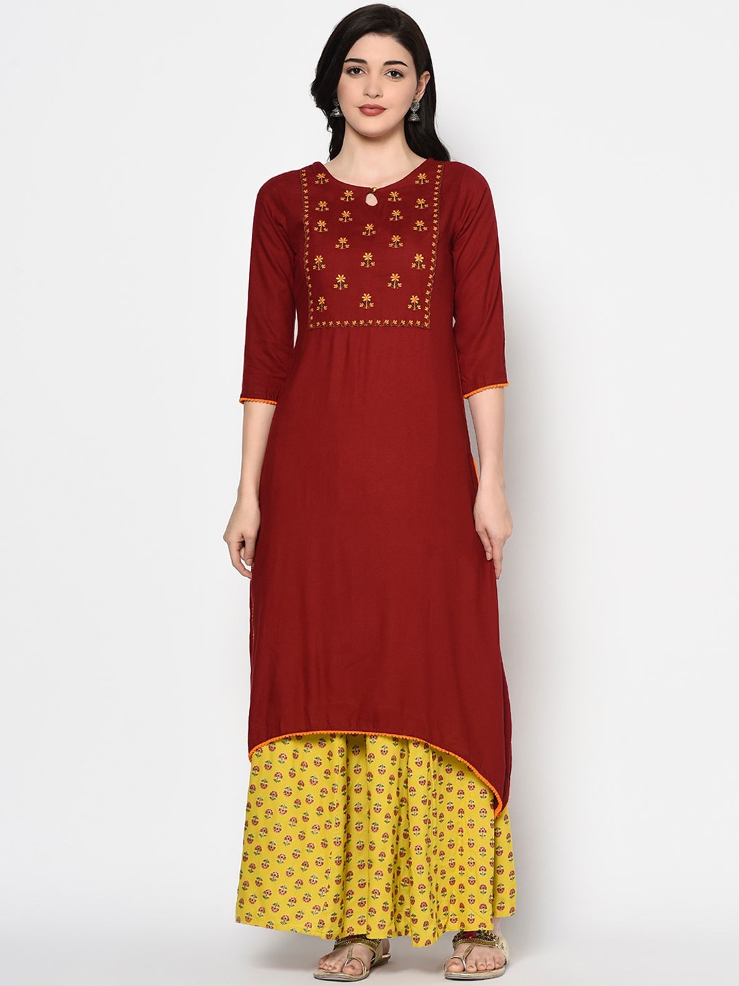 

GULMOHAR JAIPUR Women Maroon Ethnic Motifs Yoke Design Thread Work Kurta with Sharara