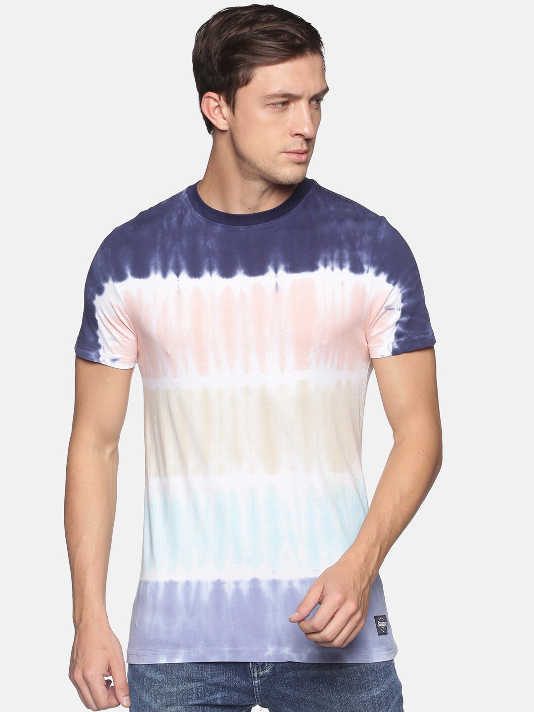 

Steenbok Men White Navy Blue Tie and Dye Printed Pure Cotton T-shirt